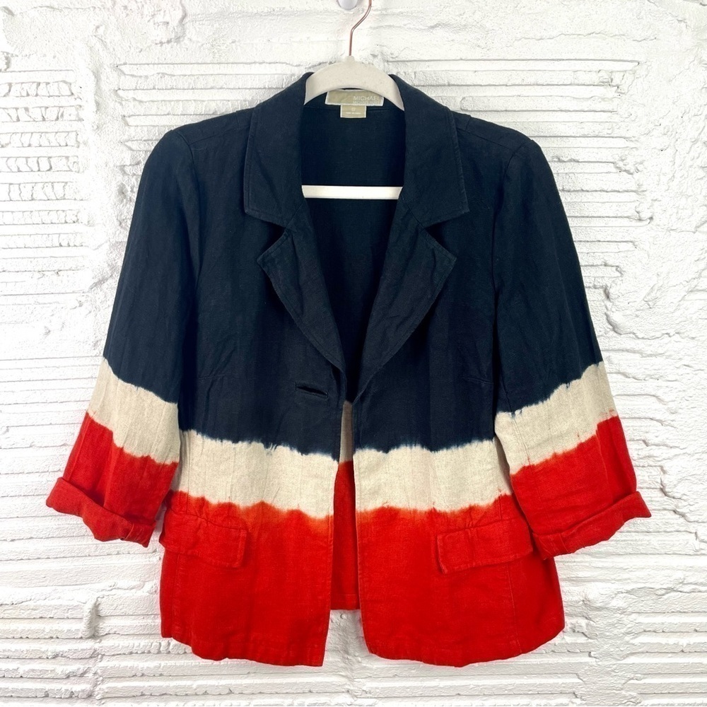 MICHAEL Michael Kors 100% Linen Blazer Notched‎ Collar Red Tan Blue Striped 8